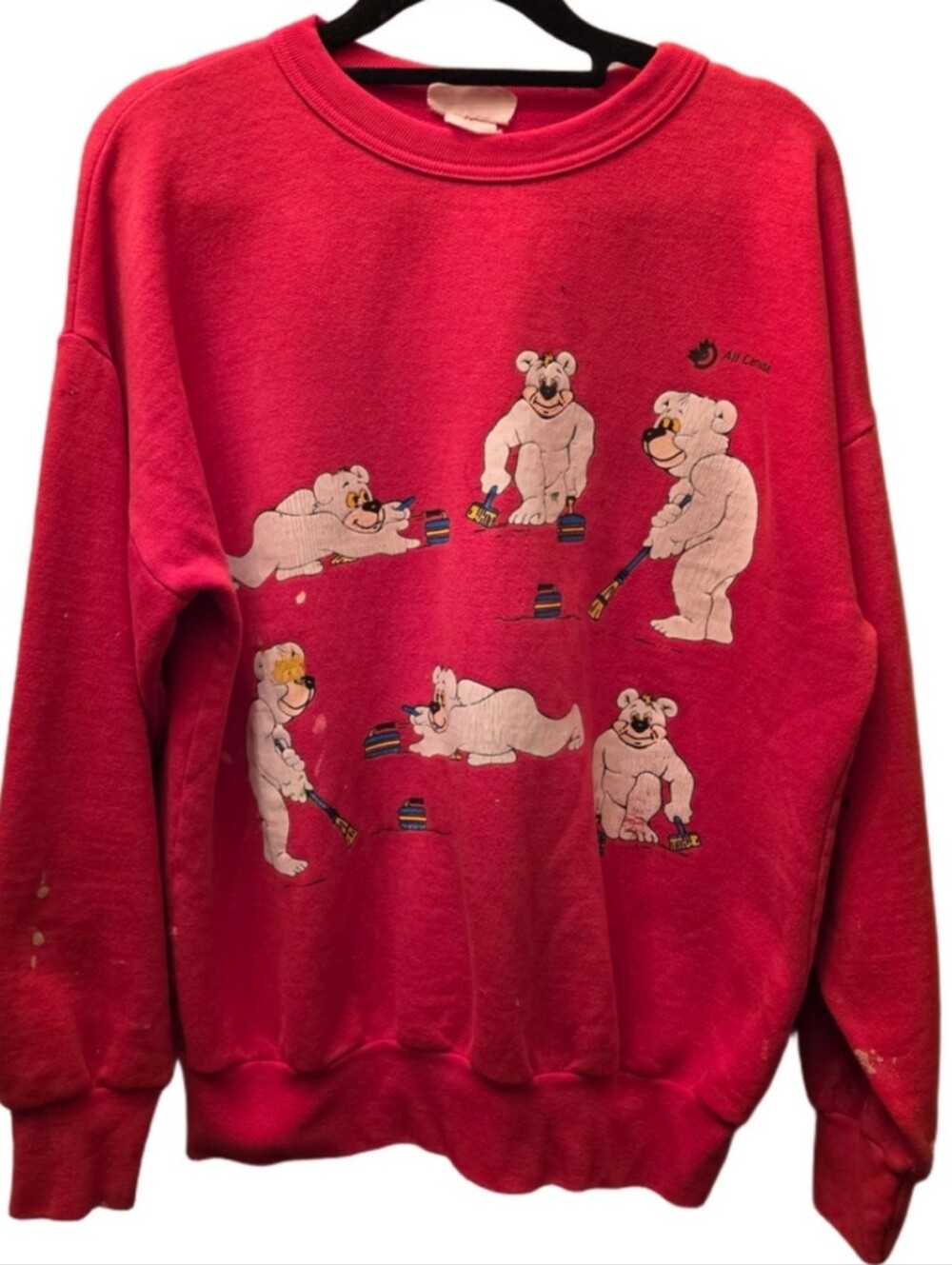 Vintage Air Canada Curling Polar Bear Sweatshirt Distressed 80s 90s Red